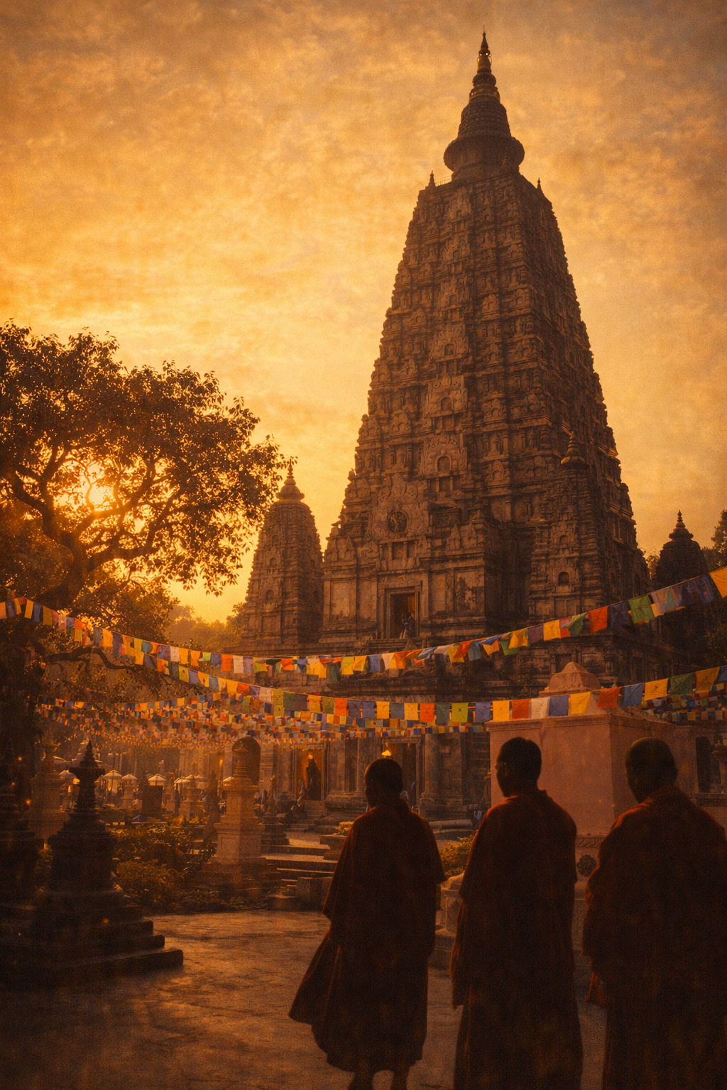Mahabodhi Temple in Bodh Gaya at golden hour sunset, ancient pyramidal stone temple with prayer flags, Bodhi tree in courtyard, monks walking as silhouettes -- HD Buddhist temple wallpaper